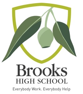 Brooks High School logo. Includes text 'Everybody work. Everybody help'.