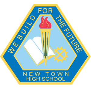 New Town High School logo. Includes the text 'We build for the future' and the graphics of an open book, cog and a flame.