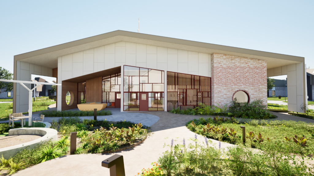 Artist’s impression of the new Tasmanian Youth Justice Facility – View from entry building to visitor centre 